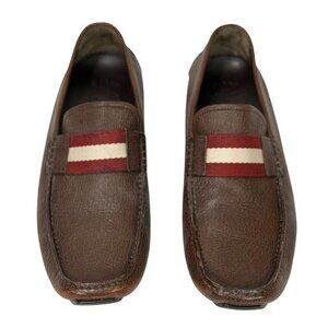 Bally Mens Waldan Driving Loafer Shoes Brown Leather Red Cream Stripe Size US 9?